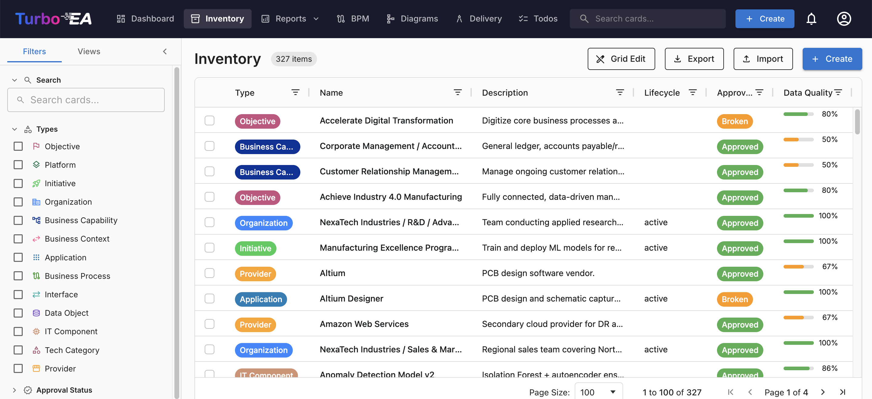 Inventory page with AG Grid data tables